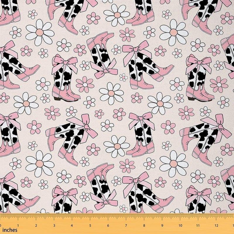 Man Fei Cowgirl Boots Fabric by The Yard,Western Cowgirl Princess Style Pink Bowknot Decorative Fabric for Upholstery and DIY Project,Cute Daisy Flowers Rustic Cowhide Print Fabric,2 Yards 72"" L x 59"" W - Image 1